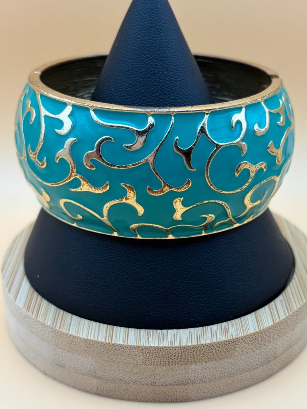 Turquoise Blue and Gold-Tone Enamel Hinged Bracelet